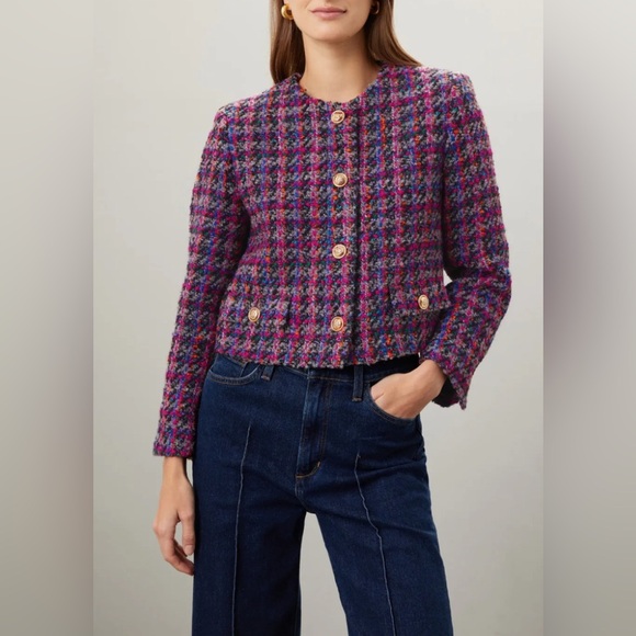 NEW SANDRO Cropped  wool blend bouclé-tweed jacket - Black/Fuschia FR 38 - Picture 2 of 16